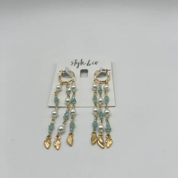 Style & Co Shaky Bead & Imitation Pearl Chain Hoop Earrings in Gold MSRP $25 NWT - Picture 2 of 5